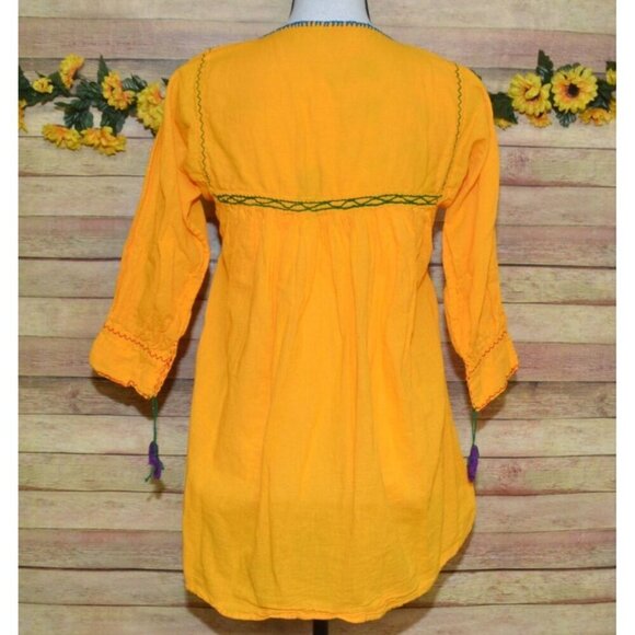 Handmade Yellow Rococo Embroidered Floral Mexican Blouse Tunic Top Size S - Picture 8 of 10